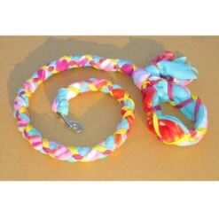 Hand Braided Dog Tug Leash With Clasp, Fleece And Paracord For Walking, Agility Or Flyball Purple Tie-Die Over Teal With Gold