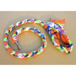 Hand Braided Dog Tug Leash With Clasp, Fleece And Paracord For Walking, Agility Or Flyball Blue Tie-Die Over Orange With Neon-Green