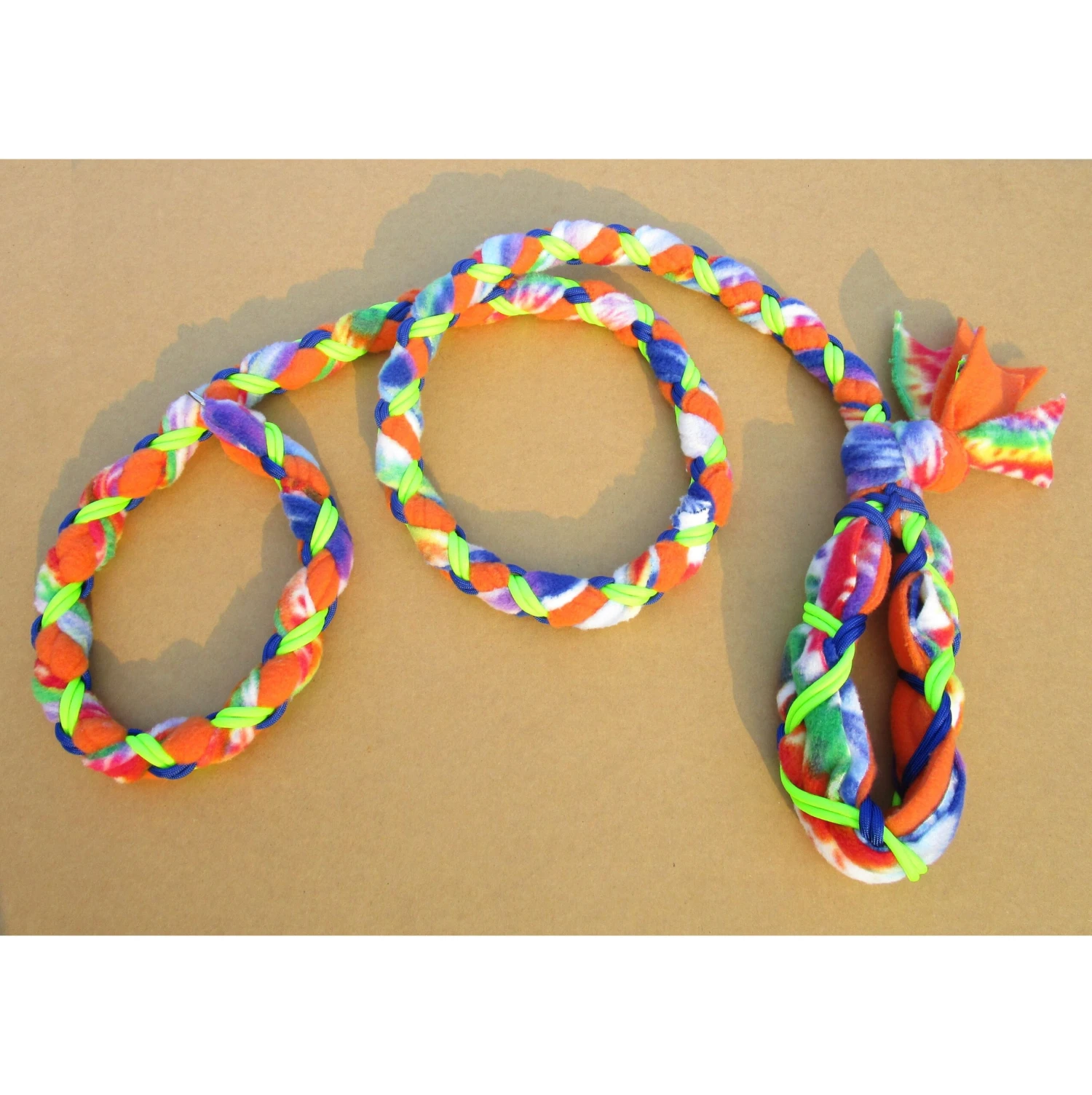 Hand Braided Dog Tug Leash With Slip Collar, Fleece And Paracord For Walking, Agility Or Flyball Blue Tie-Die Over Orange With Neon-Green 3 Hand Braided Dog Tug Leash With Slip Collar, Fleece And Paracord For Walking, Agility Or Flyball Blue Tie-Die Over Orange With Neon-Green