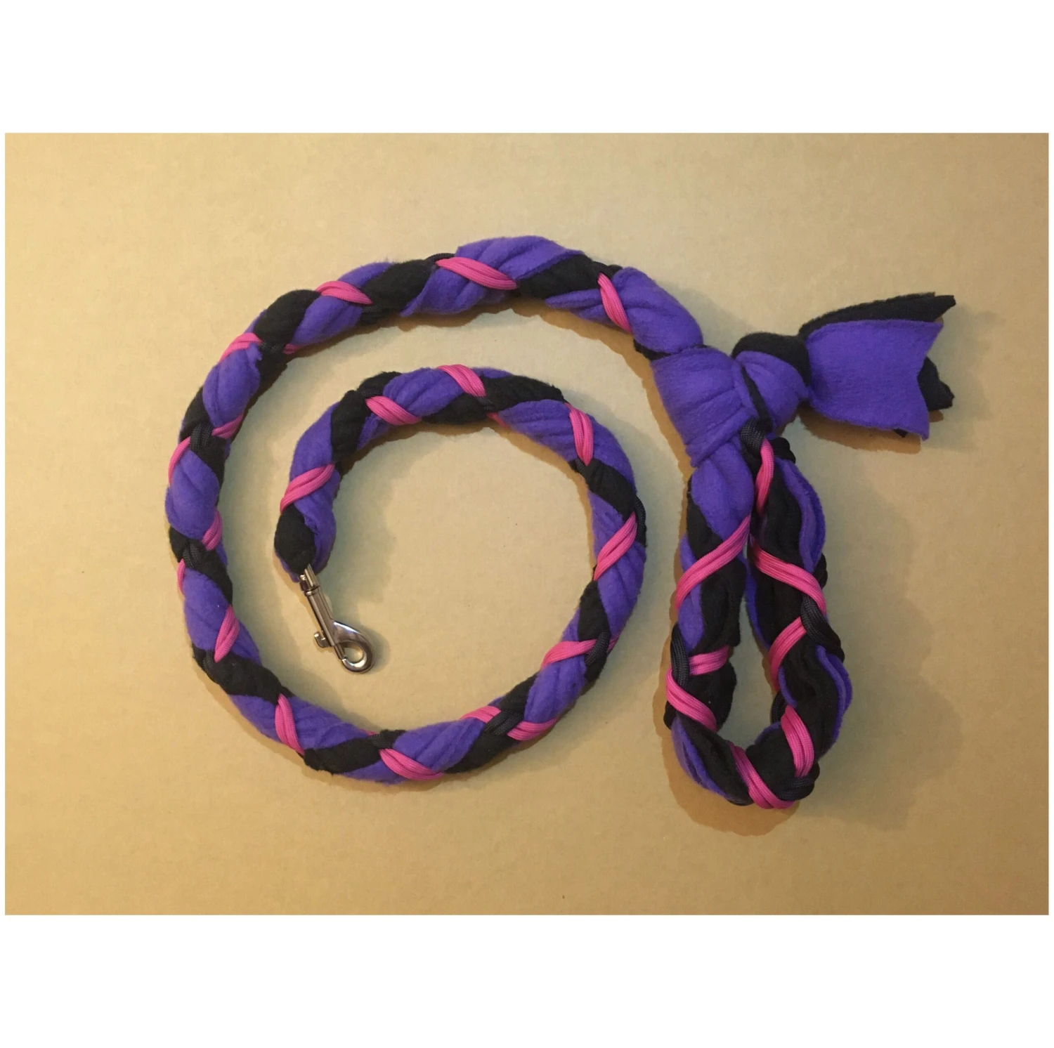 Hand Braided Dog Tug Leash With Clasp, Fleece And Paracord For Walking, Agility Or Flyball Purple Over Black With Fuchsia 3 Hand Braided Dog Tug Leash With Clasp, Fleece And Paracord For Walking, Agility Or Flyball Purple Over Black With Fuchsia
