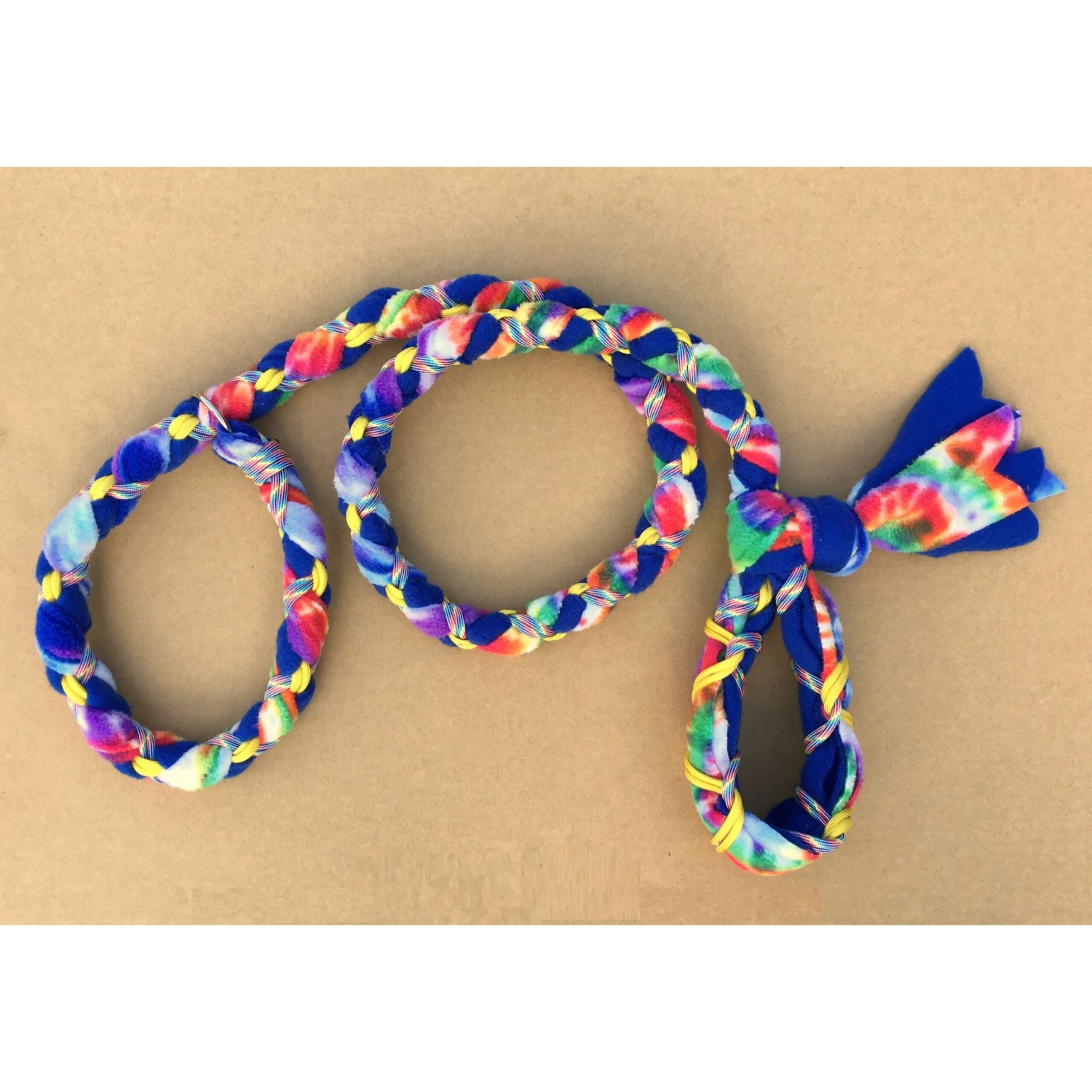 Hand Braided Dog Tug Leash With Slip Collar, Fleece And Paracord For Walking, Agility Or Flyball Blue Tie-Die Over Blue With Rainbow 3 Hand Braided Dog Tug Leash With Slip Collar, Fleece And Paracord For Walking, Agility Or Flyball Blue Tie-Die Over Blue With Rainbow