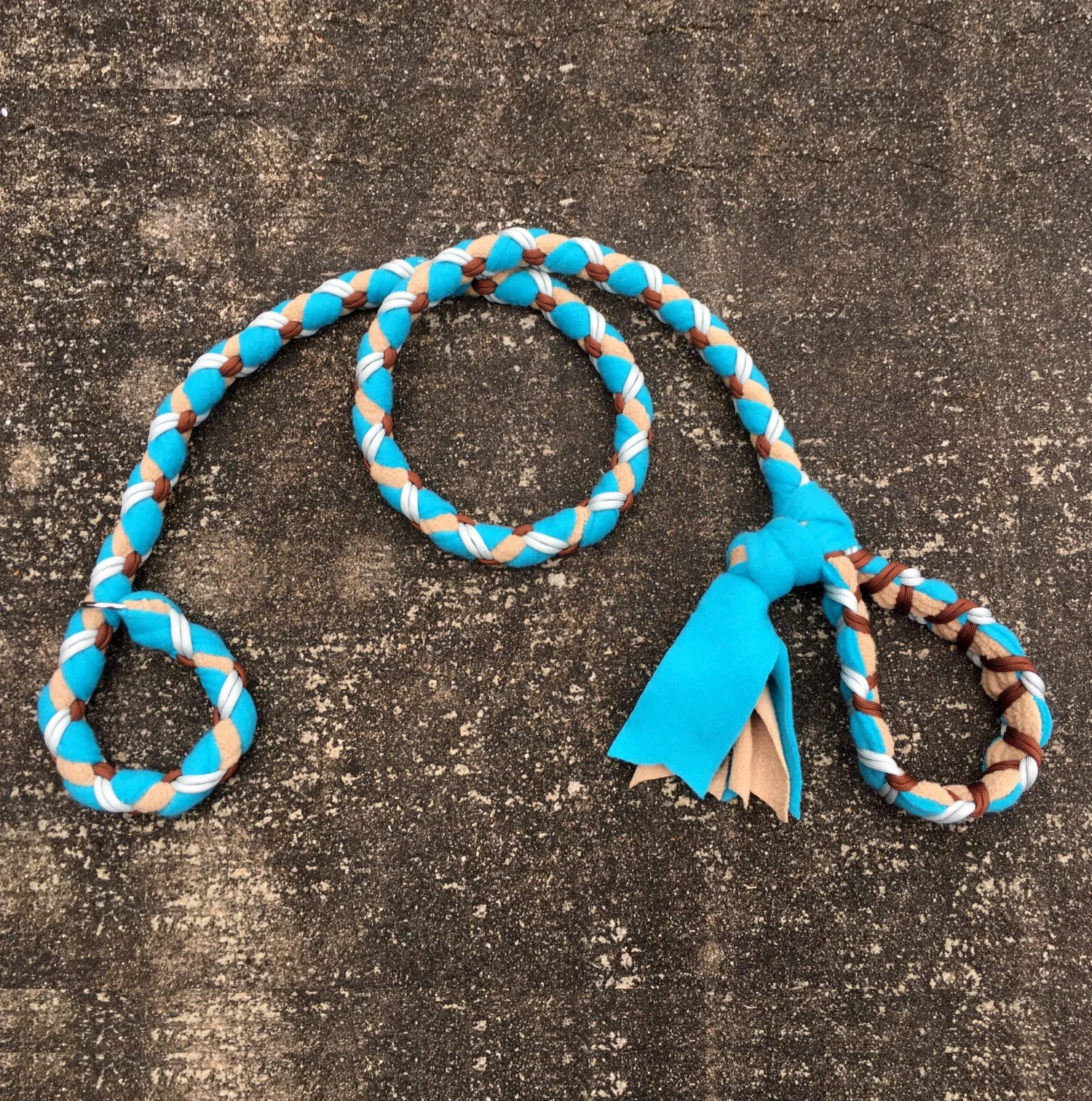 Hand Braided Dog Tug Leash With Slip Collar, Fleece And Paracord For Walking, Agility Or Flyball Turquoise Over Beige With Silver And Brown 3 Hand Braided Dog Tug Leash With Slip Collar, Fleece And Paracord For Walking, Agility Or Flyball Turquoise Over Beige With Silver And Brown