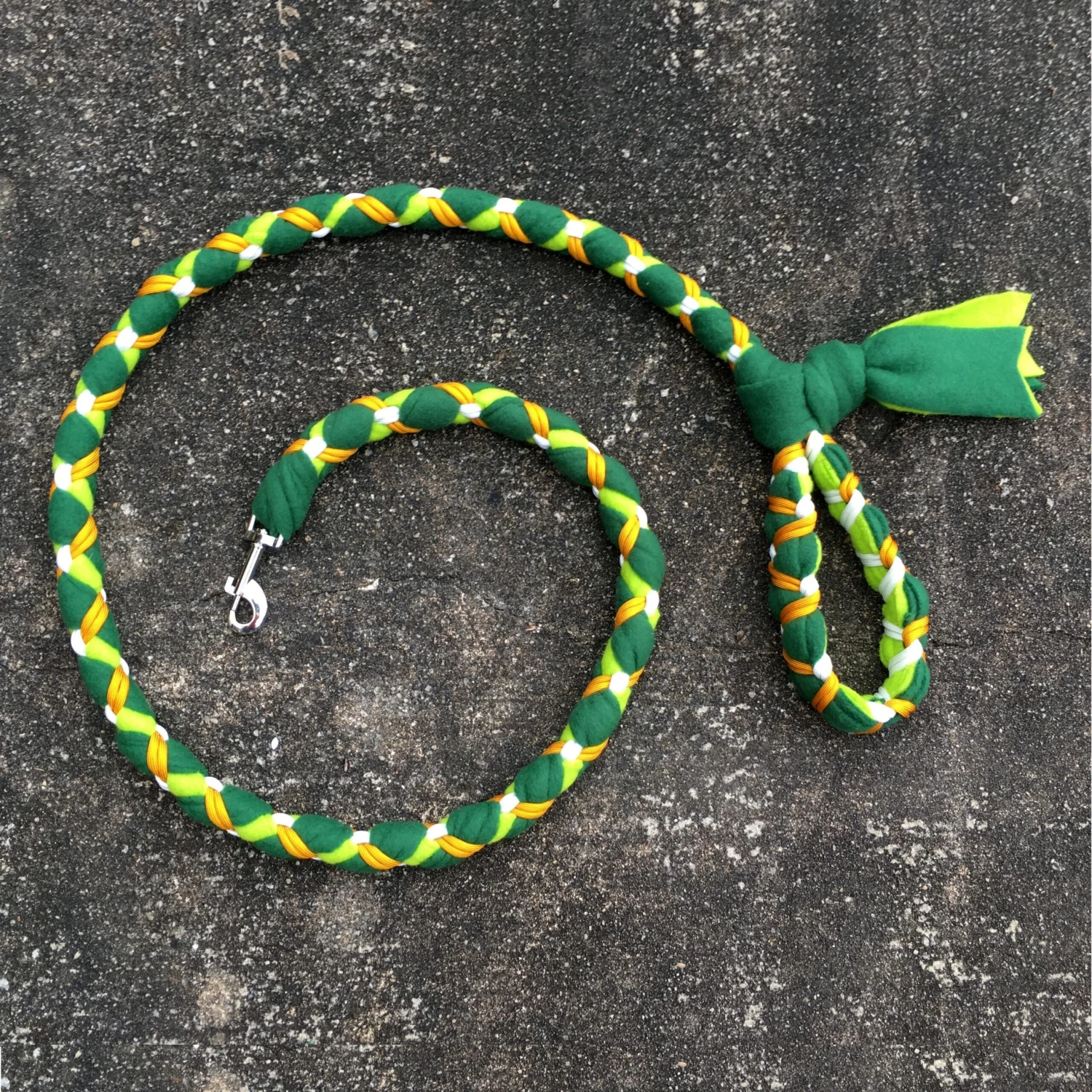 Hand Braided Dog Tug Leash With Clasp, Fleece And Paracord For Walking, Agility Or Flyball DarkGreen Over Lime With Gold And White 3 Hand Braided Dog Tug Leash With Clasp, Fleece And Paracord For Walking, Agility Or Flyball DarkGreen Over Lime With Gold And White
