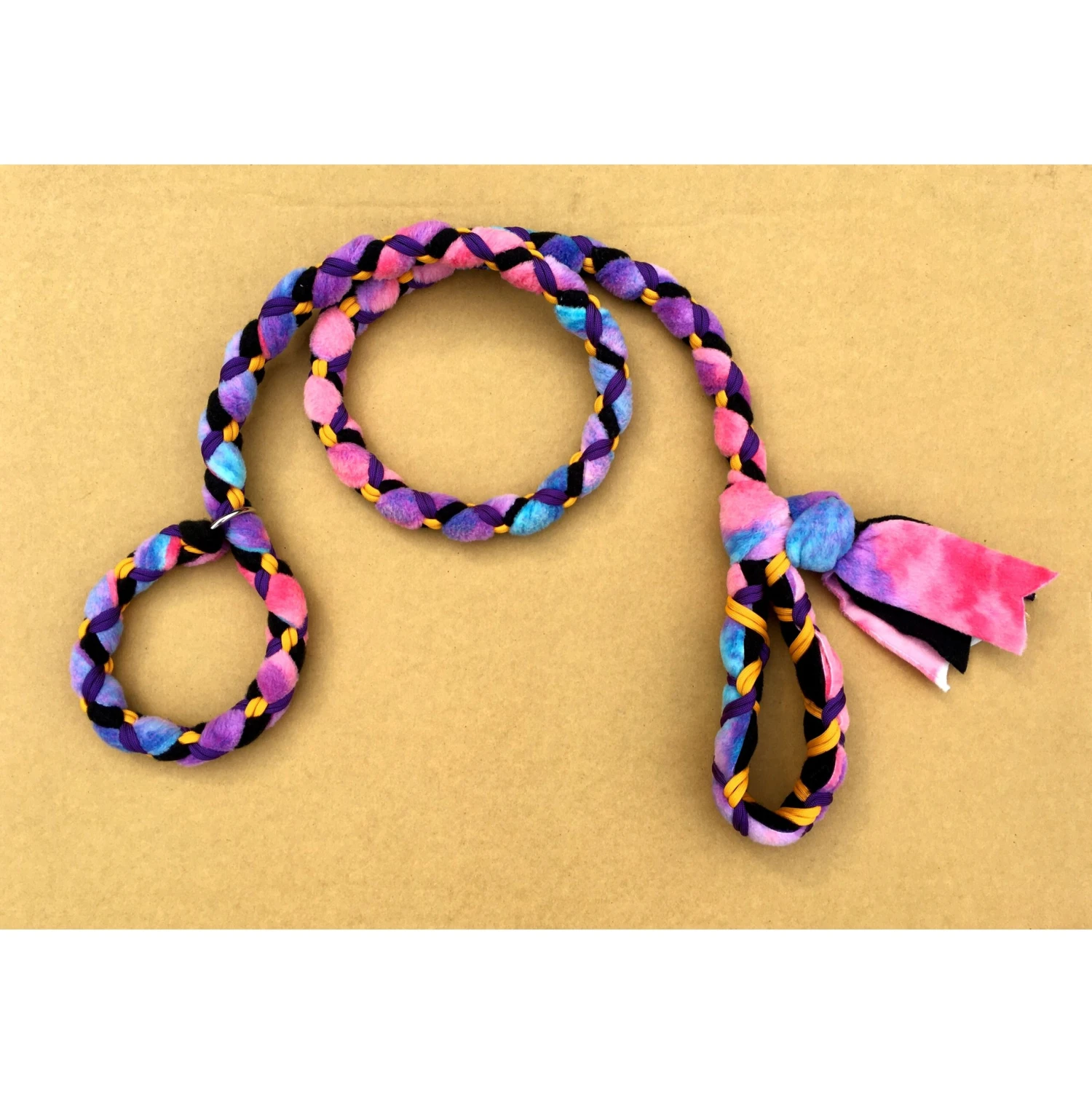 Hand Braided Dog Tug Leash With Slip Collar, Fleece And Paracord For Walking, Agility Or Flyball Pastell Over Black With Purple And Gold 3 Hand Braided Dog Tug Leash With Slip Collar, Fleece And Paracord For Walking, Agility Or Flyball Pastell Over Black With Purple And Gold