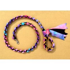 Hand Braided Dog Tug Leash With Clasp, Fleece And Paracord For Walking, Agility Or Flyball Pastell Over Black With Purple And Gold