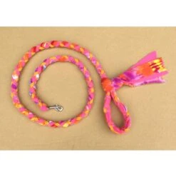 Hand Braided Dog Tug Leash With Clasp, Fleece And Paracord For Walking, Agility Or Flyball Pink/Purple Tie-Die Over Pink With Gold And Pink